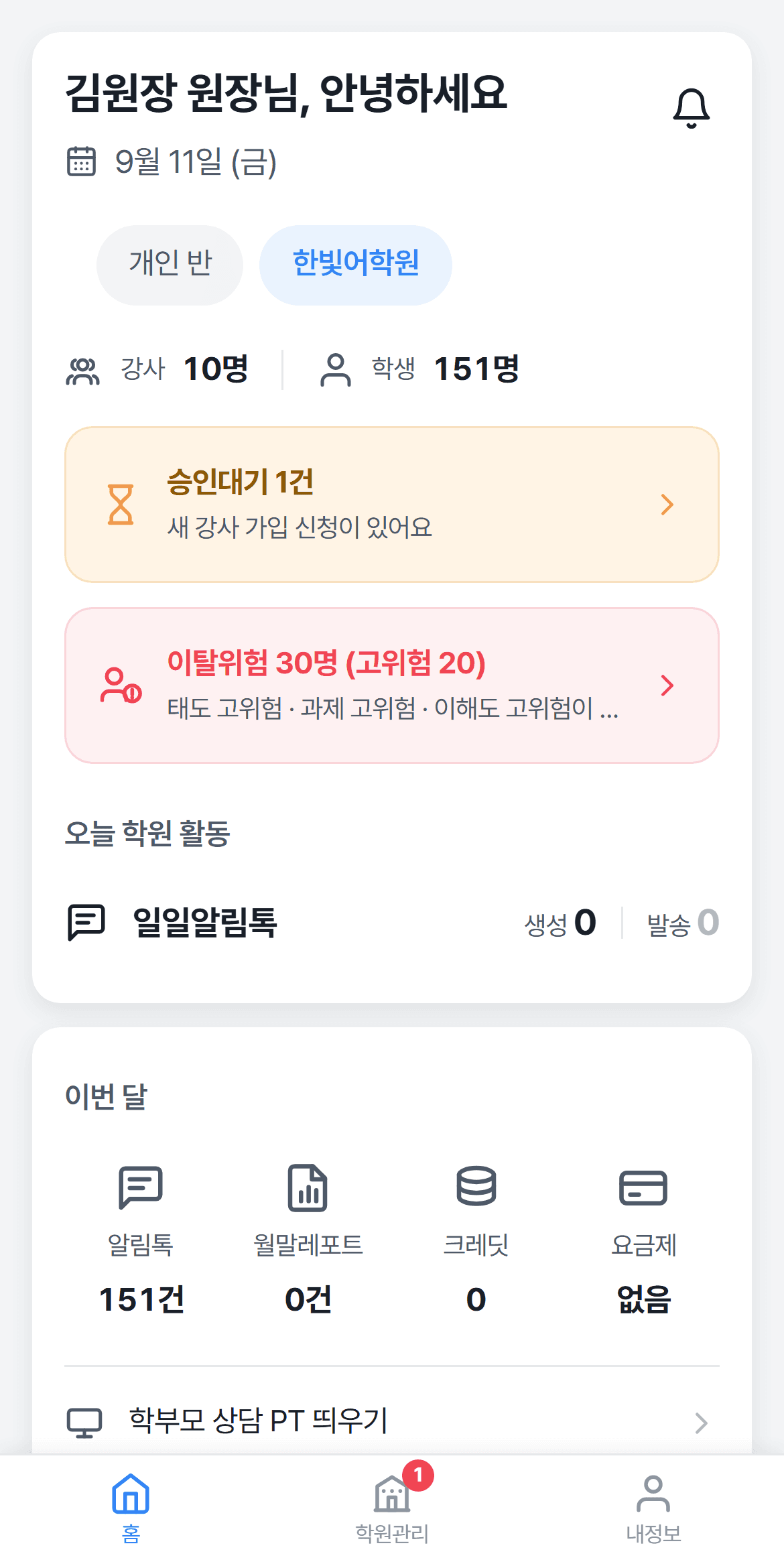 원장 홈 화면 — 학원 탭이 선택되고 이탈위험 카드가 보이는 상태
